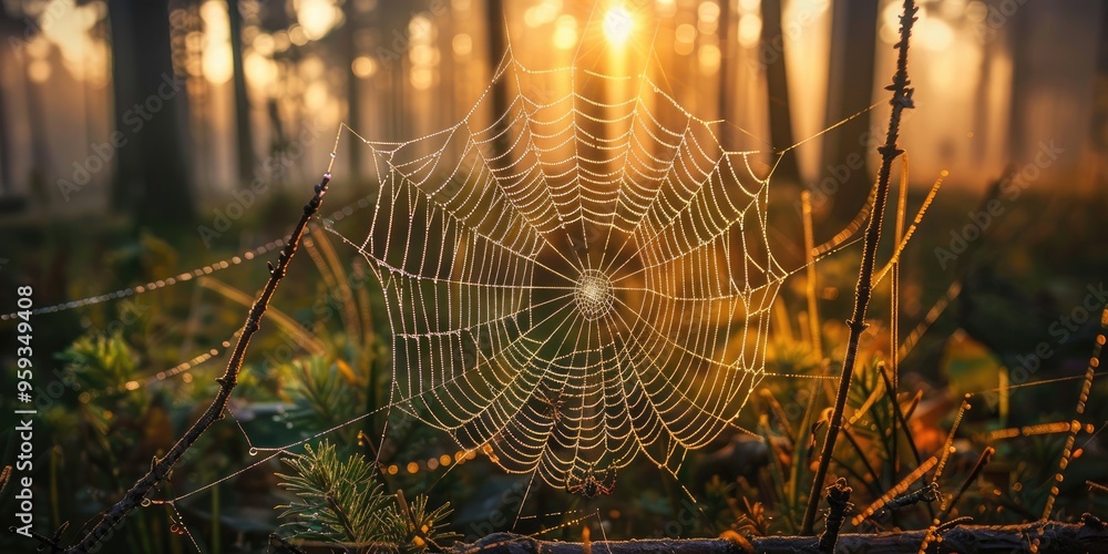 Poster spider web in the forest at dawn an insect trap woven by a beautiful spider resembling an intricate 