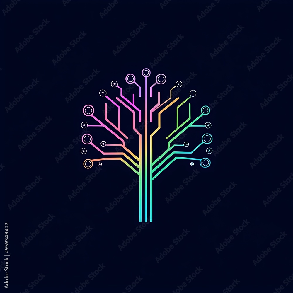 Poster abstract digital tree with rainbow circuitry