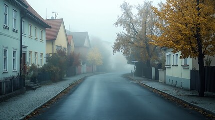Foggy morning on an empty street in a typical Czech neighborhood with private houses : Generative AI