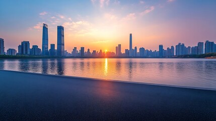 Obraz premium Asphalt road and city skyline with modern building at sunset in Suzhou Jiangsu Province China High Angle view : Generative AI