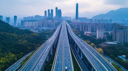 Obraz premium Asphalt highway and viaduct with city skyline in Shenzhen Guangdong Province China : Generative AI