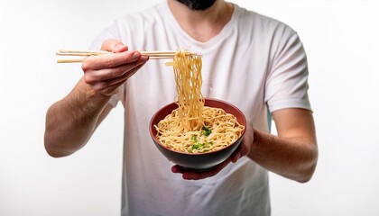 Anonymous white hands of man holding ramen with white background isolated