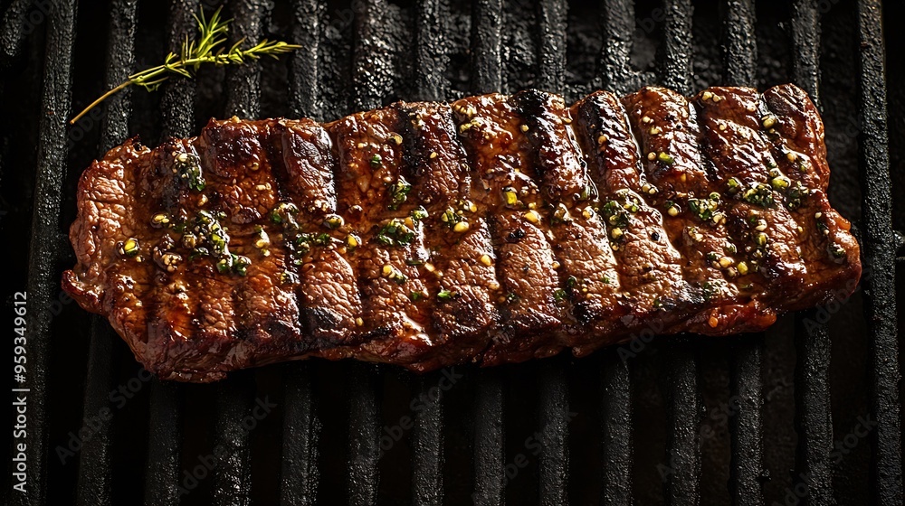 Poster homemade cooked skirt steak on a grill dark background top view : generative ai
