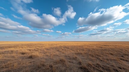 Fototapeta premium A field of brown dry grass stretches out under a blue cloudy sky Overgrow the dried reeds on a spring evening Cloudy weather landscape : Generative AI