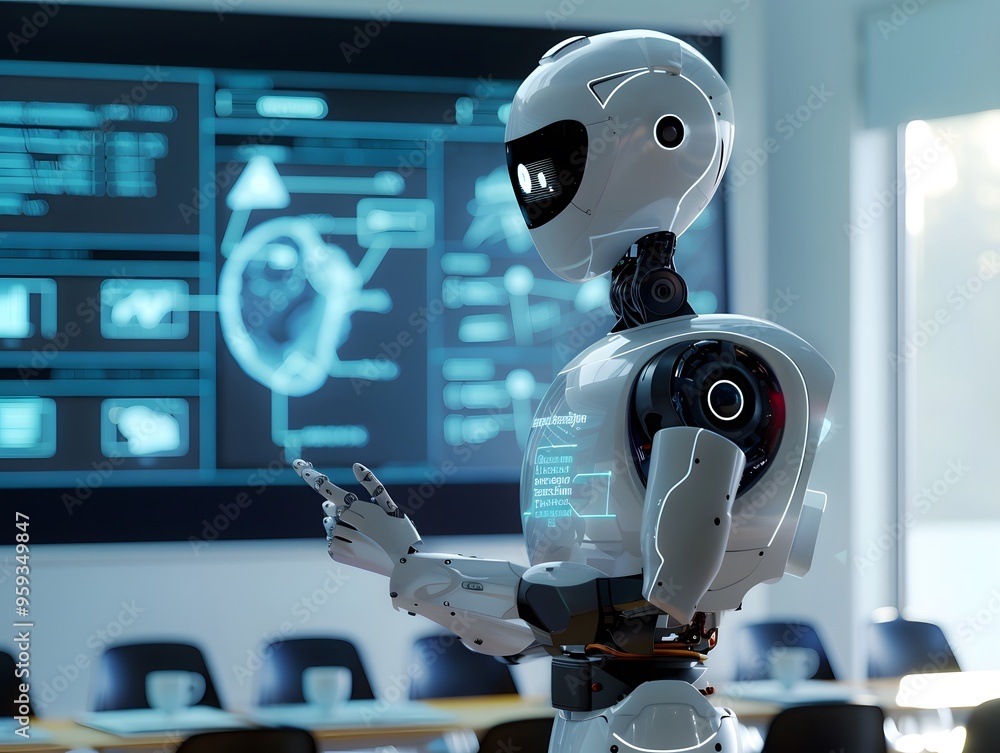 Poster a futuristic robot interacts with digital data in a modern workspace, showcasing advanced technology