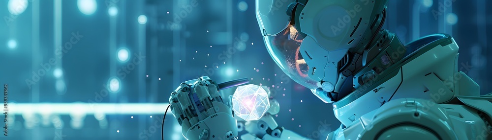 Poster a futuristic robot interacts with a glowing orb in a high-tech environment, showcasing advanced tech