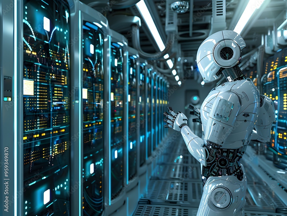 Poster a futuristic robot interacts with high-tech server systems in a digital data center, showcasing adva