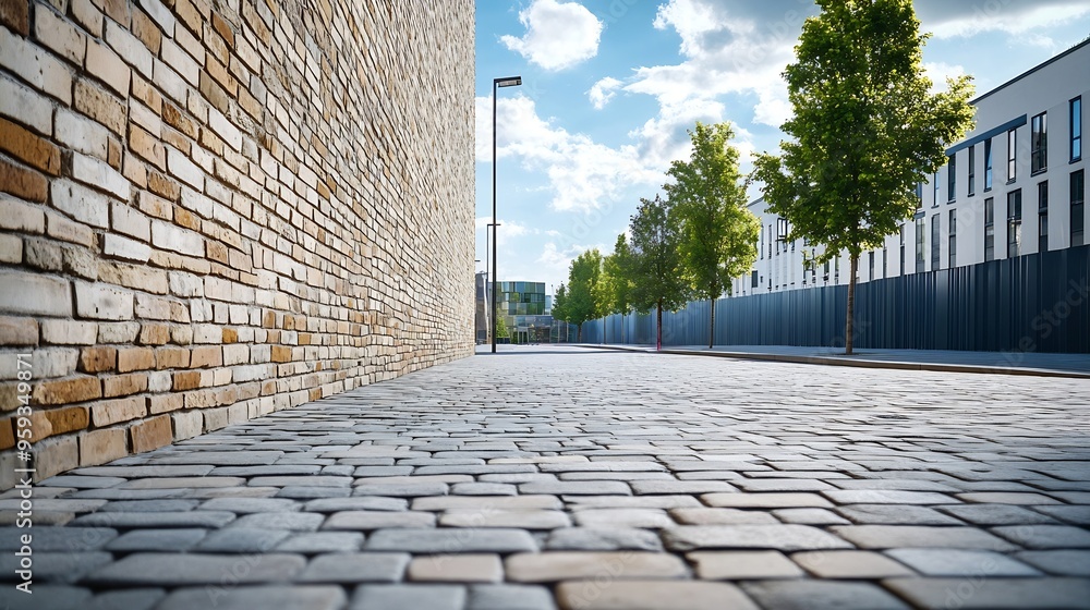 Poster Surrounding brick wall with concrete columns with cloudy sky street lamp and modern building on behind Urban road in front Background for copy space : Generative AI