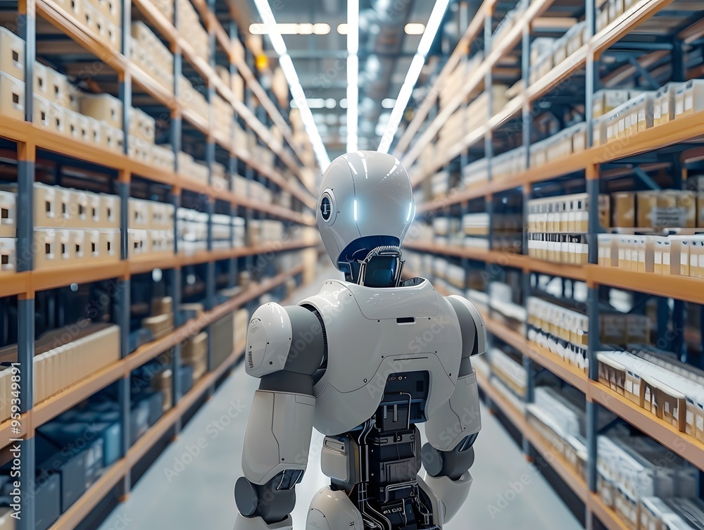 Poster a futuristic robot navigating through an automated warehouse filled with organized storage boxes and