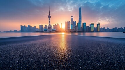 Fototapeta premium Asphalt road and city skyline with modern buildings in Shanghai at sunrise China Panoramic view : Generative AI