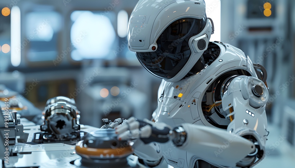 Poster a futuristic robot working intently in a high-tech environment, showcasing advanced technology and a