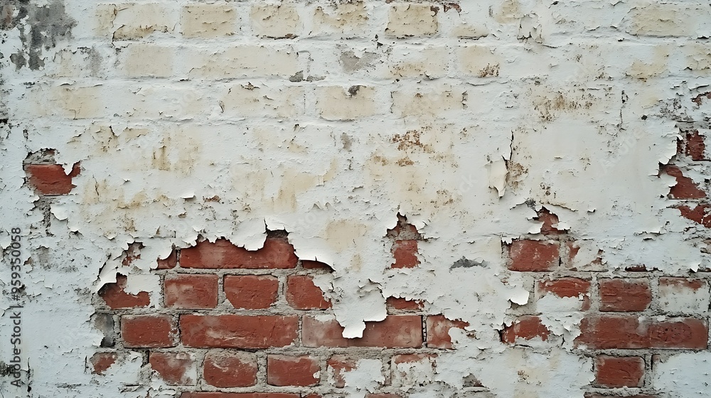 Poster a brick wall with white paint peeling off the wall is red and brown in color the wall has a rough te