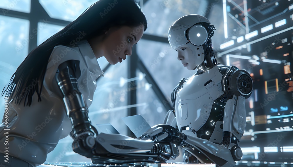 Poster a futuristic scene depicting a human and robot collaboration in a high-tech environment, showcasing 