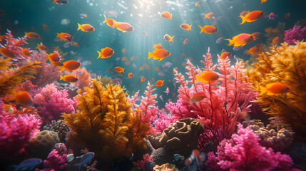 Obraz premium Colorful Coral Reef with Orange Fish Illustration