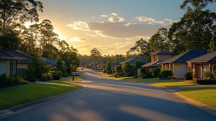 Suburban street corner with houses at sunset at Bella Vista Sydney Australia Typical upper middle class neighborhood in Australia A wide Australian street with residential houses on a  : Generative AI