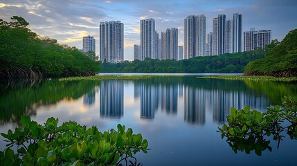 Fototapeta premium Mangrove Forest and pond in Sungei Buloh Wetland Reserve Singapore an important stopover point for migratory birdsThe background is the buildings of JOHOR BAHRU Malaysia : Generative AI