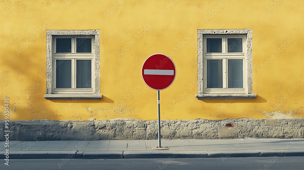 Poster stop traffic sign on concrete sidewalk pale yellow plaster facade with windows on behind urban stree