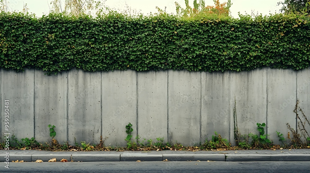 Aufkleber house fence consisting by a long concrete rectangle block wall and a hedge above cement sidewalk and