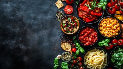Fototapeta premium Italian food dishes on dark background Traditional italian cuisine concept Dishes and appetizers of indeed cuisine Mideterranean diet high in vitamin and antioxidants Top view panoram : Generative AI