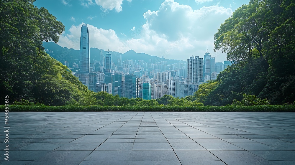 Aufkleber Empty square floor and green forest with city skyline scenery : Generative AI