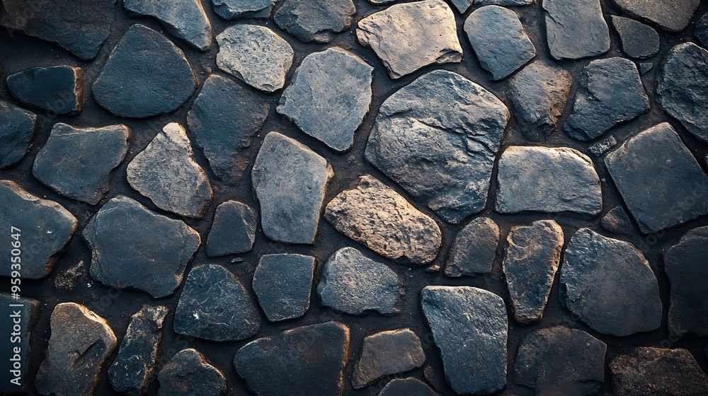 Poster Dark gray cobblestone pavement from old rough stones as background top view close up : Generative AI