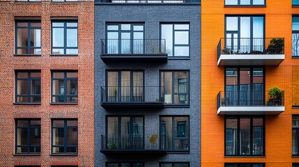 Obraz premium Three different buildings in the city center facade of an old brick abandoned house balconies of a modern apartment building tall glass office building : Generative AI