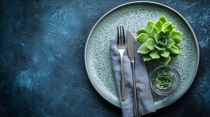 From above of tasteful minimalist table setting showcasing a ceramic plate silver cutlery bundled in a grey napkin a textured glass and a miniature succulent plant : Generative AI