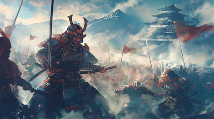 Sengoku period samurai battle on foggy battlefield.