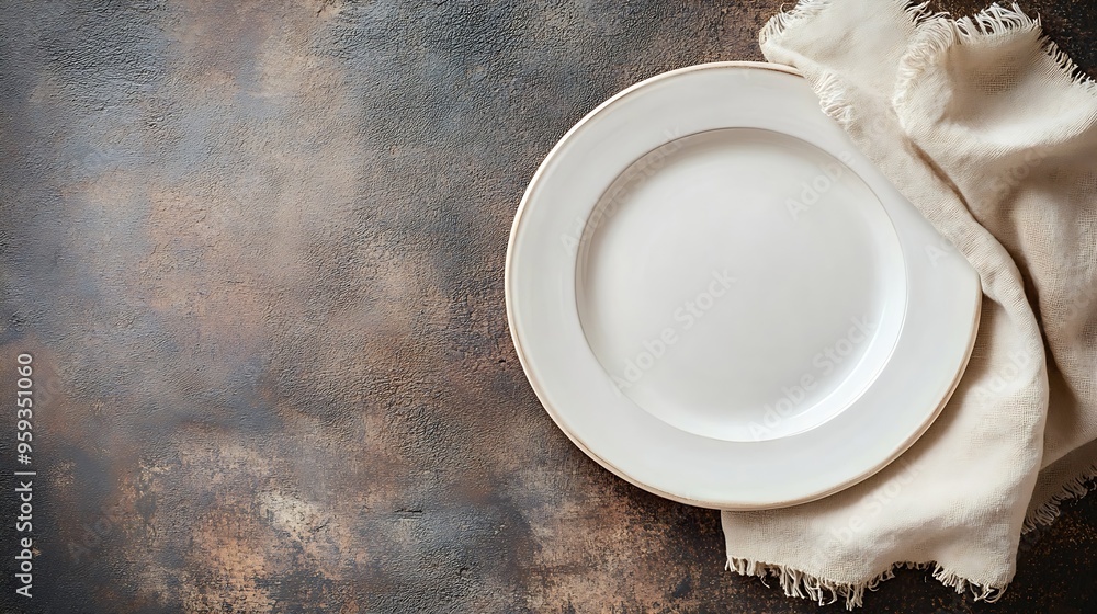 Poster Empty white plate with a beige linen napkin on a brown rustic background Top view flat lay copy space : Generative AI