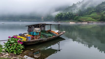 Traditional boat anchored near the shore its deck covered with food crates and fishing nets with the surrounding mist adding a serene touch to the early morning scene