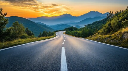 Asphalt highway road and mountain natural scenery at sunrise panoramic view : Generative AI
