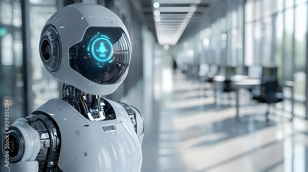 Poster futuristic robot standing in a modern office building with a digital display on its head.