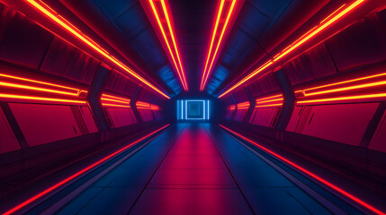 Futuristic hallway with red and blue neon lights.
