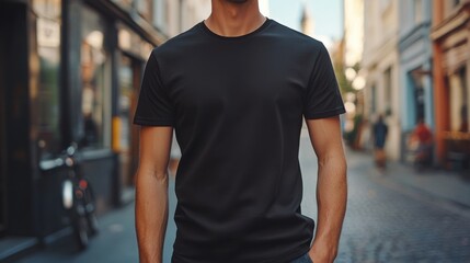 Fototapeta premium Young man in black t-shirt on urban street