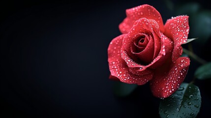 High-definition close-up of a red rose with water droplets, black background, vivid crimson petals, hyper-realistic, soft light reflections, creating a romantic, luxurious mood.