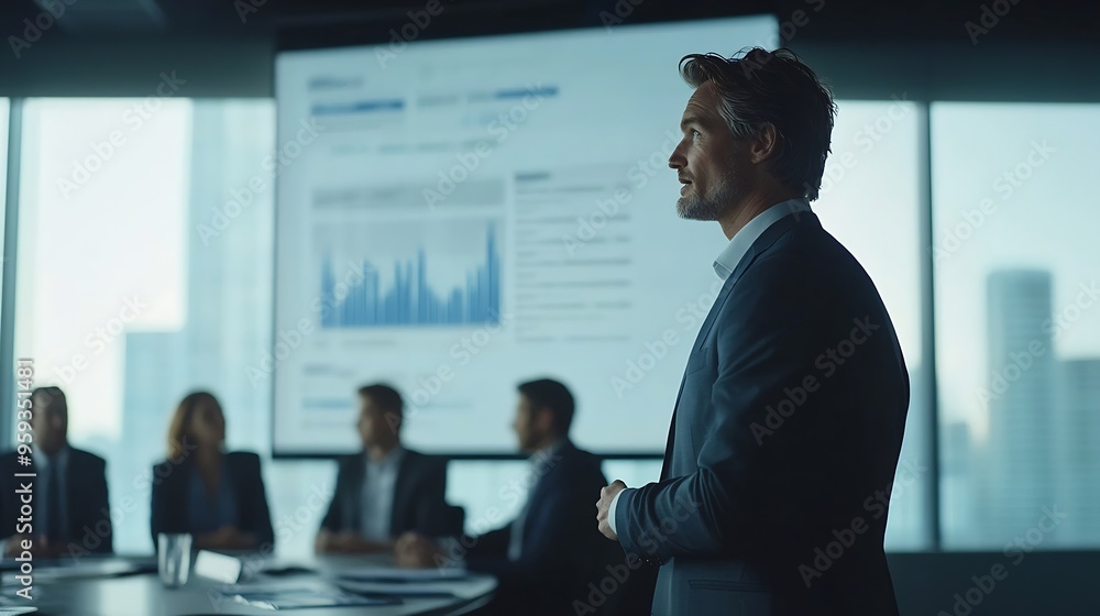 Poster A business leader presents financial data to his team during a meeting in a modern office Leader stands near a large screen displaying a chart while the team members sit at a table in  : Generative AI