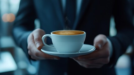 A manager in dark suit takes morning coffee to start his business hours in an office A man has a cup of coffee in his hand when start his working day A male office worker gets refreshm : Generative AI