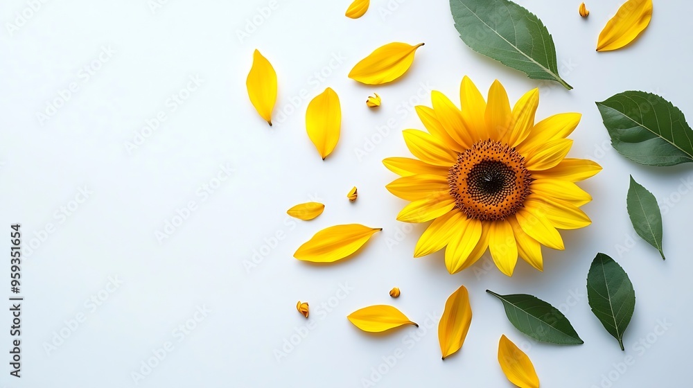 Poster yellow sunflower flower leaf and petals isolated on white background flower in summer garden composi