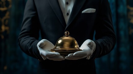 Portrait of Butler in Dark Suit and White Gloves Holding Brass Bell Concept of Service Industry and Professional Hospitality : Generative AI
