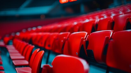 Fototapeta premium Empty seats in the stands of the arena or auditorium Rows of red and white stadium seats without spectators The concept of the abolition of sports and mass entertainment events : Generative AI