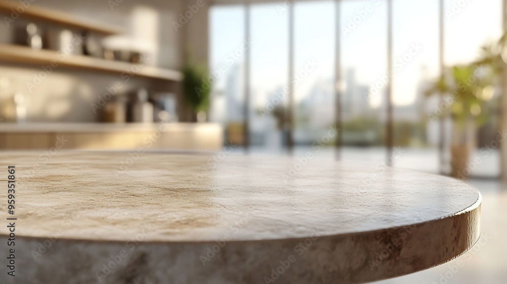Leinwandbilder kitchen round table background white stone counter top on blur of white clean abstract home interior
