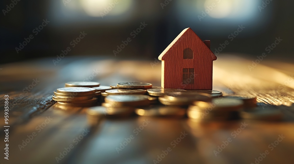 Poster wood house and row of coin money on wood table and selective focus planning to buy property choose w
