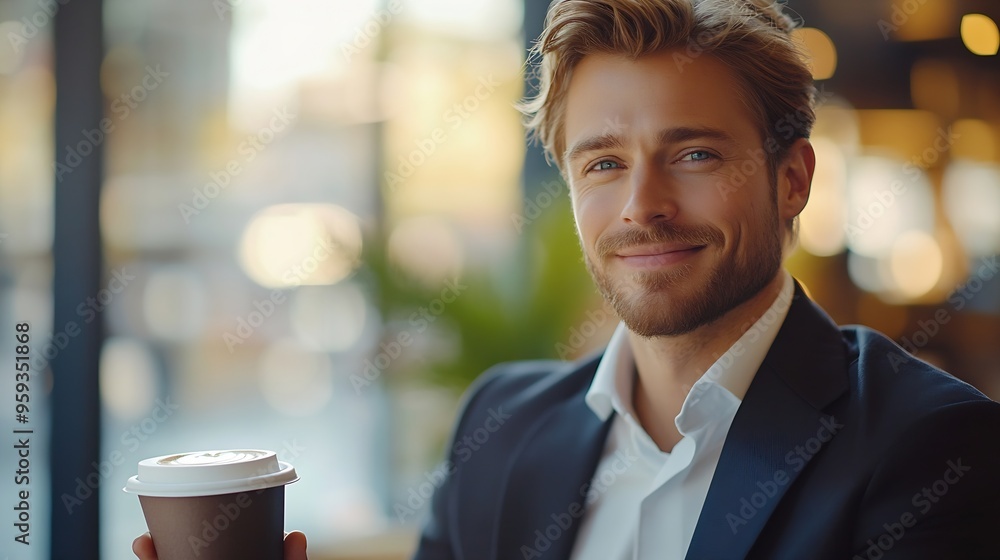 Aufkleber Handsome smiling businessman drinking coffee and using laptop in office : Generative AI