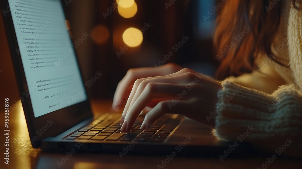 Poster Close up image of woman hands typing on laptop computer keyboard and surfing the internet on office table online working business and technology internet network communication concept : Generative AI