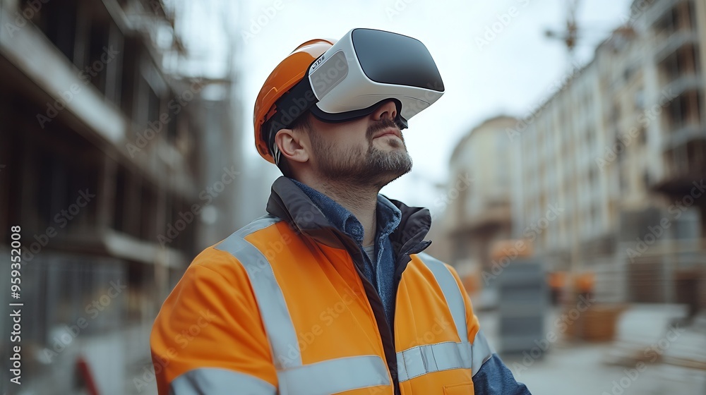 Poster engineer man with virtual reality glasses at construction site : generative ai