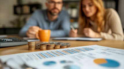 Fototapeta premium Budget financial advisor or couple at table in meeting for insurance policy update or paper in office Broker negotiation or consultation with people for investment future plan or contr : Generative AI