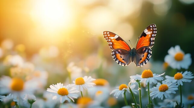 Beautiful spring field meadow flowers chamomile  flying butterfly in morning sunny springtime meadow nature landscape Wide format Banner copy space : Generative AI