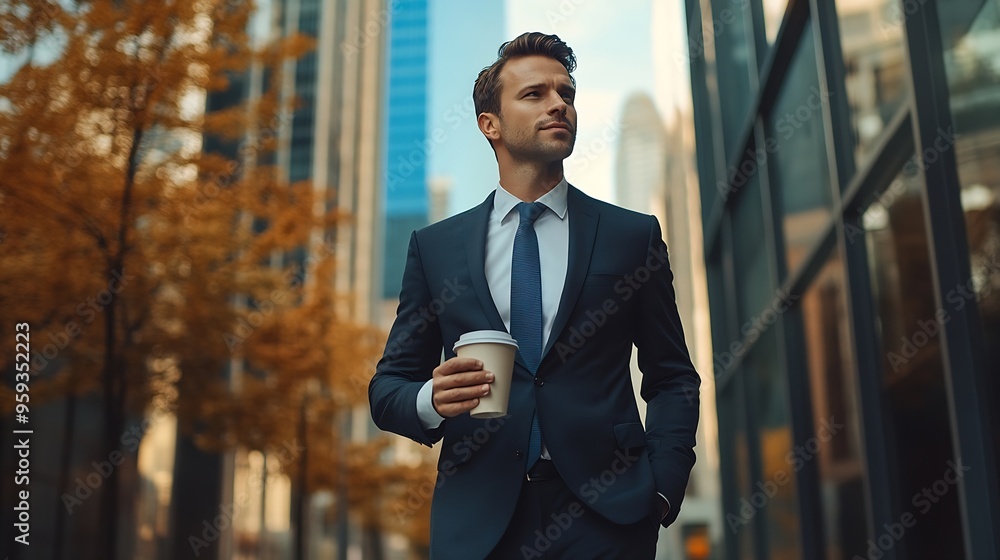 Aufkleber skilled business man walking in suit outfit while holding coffee cup professional manager standing n