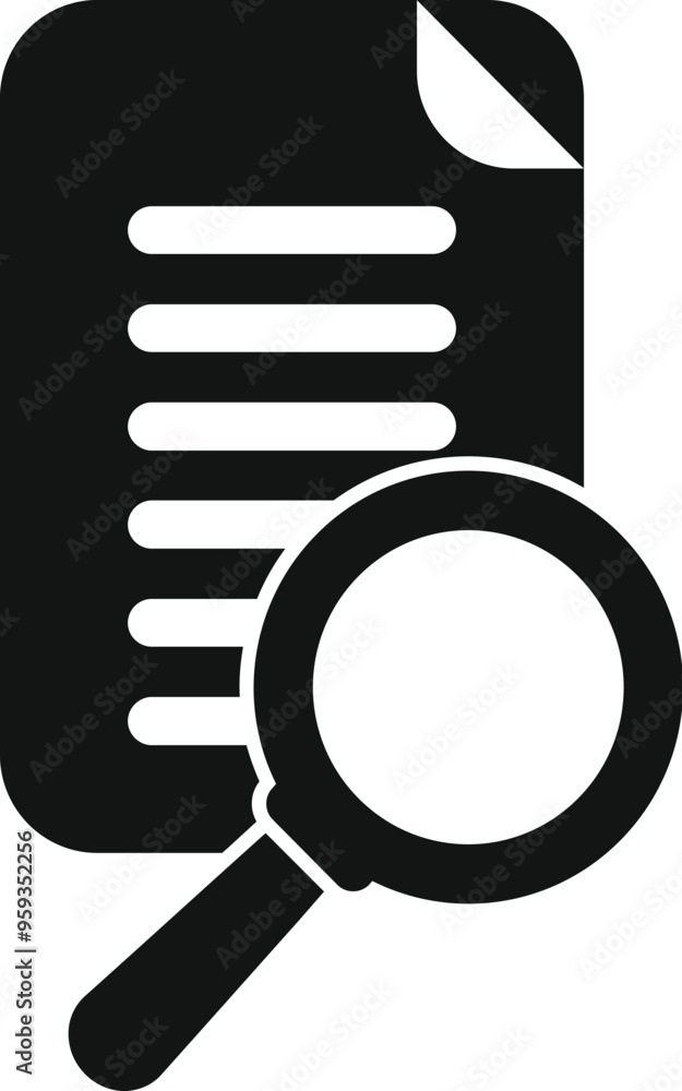 Poster simple vector icon of a magnifying glass examining a document, representing the concept of analyzing