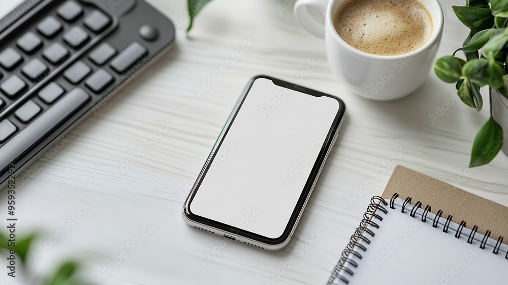 Poster Flat lay mobile phone with empty screen coffee cup notepad and keyboard on white table Top view with copy space : Generative AI